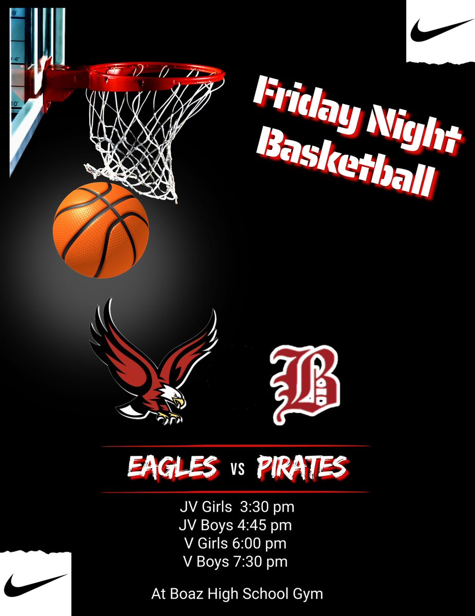 Tomorrow night we travel over to Boaz to take on the Pirates!!! Let’s show up and be loud for all of our girls and boys teams!!! Go Eagles 🦅