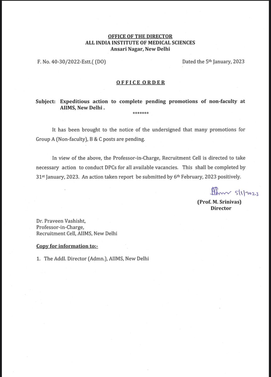 krishanofficial's tweet photo. #Aiims दिल्ली के ग्रुप ए (नॉन फैकल्टी), ग्रुप बी, ग्रुप सी कर्मचारियों के प्रमोशन लम्बे समय से पेंडिंग हैं। एम्स निदेशक का आदेश 31 जनवरी तक इस पर एक्शन लिया जाए और 6 फरवरी तक एक्शन रिपोर्ट सबमिट की जाए। #Msrinivas https://t.co/Nn2RHZtAOO