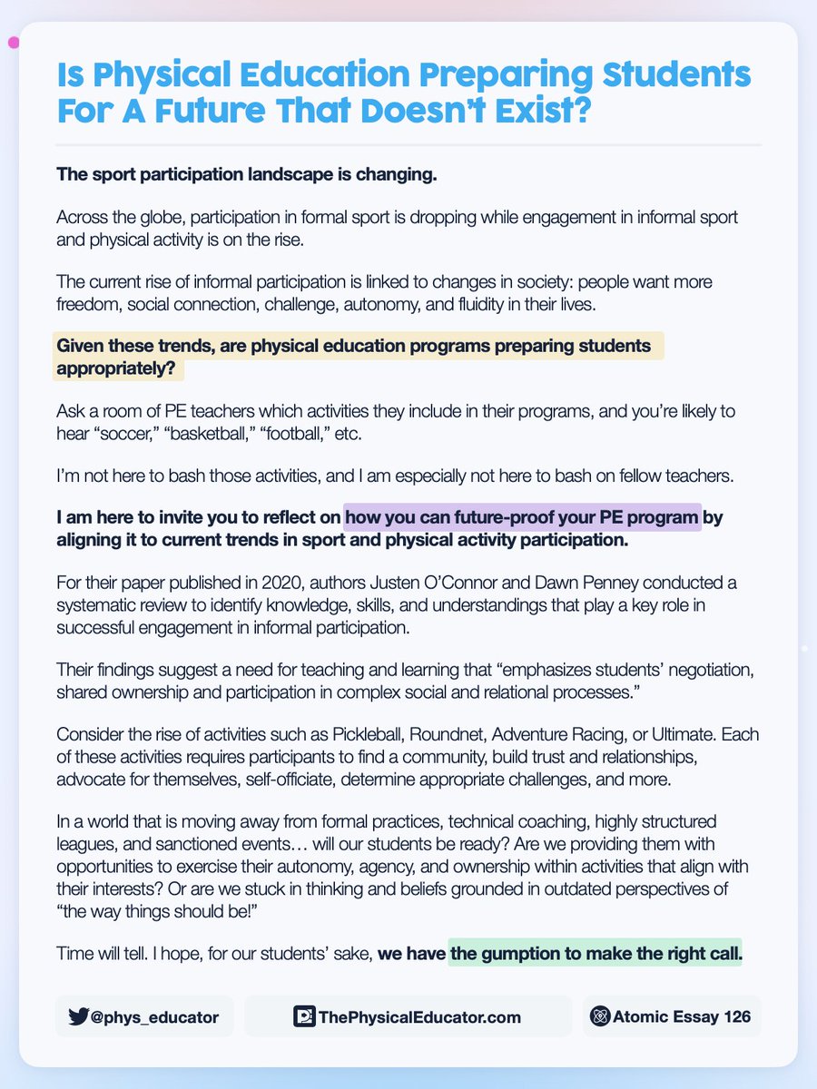 ⛹️ The world of sport and physical activity participation is changing.

🤔 Is #physed changing with it? 

⚛️ Read today's Atomic Essay to learn more about how you can future-proof your PE program.