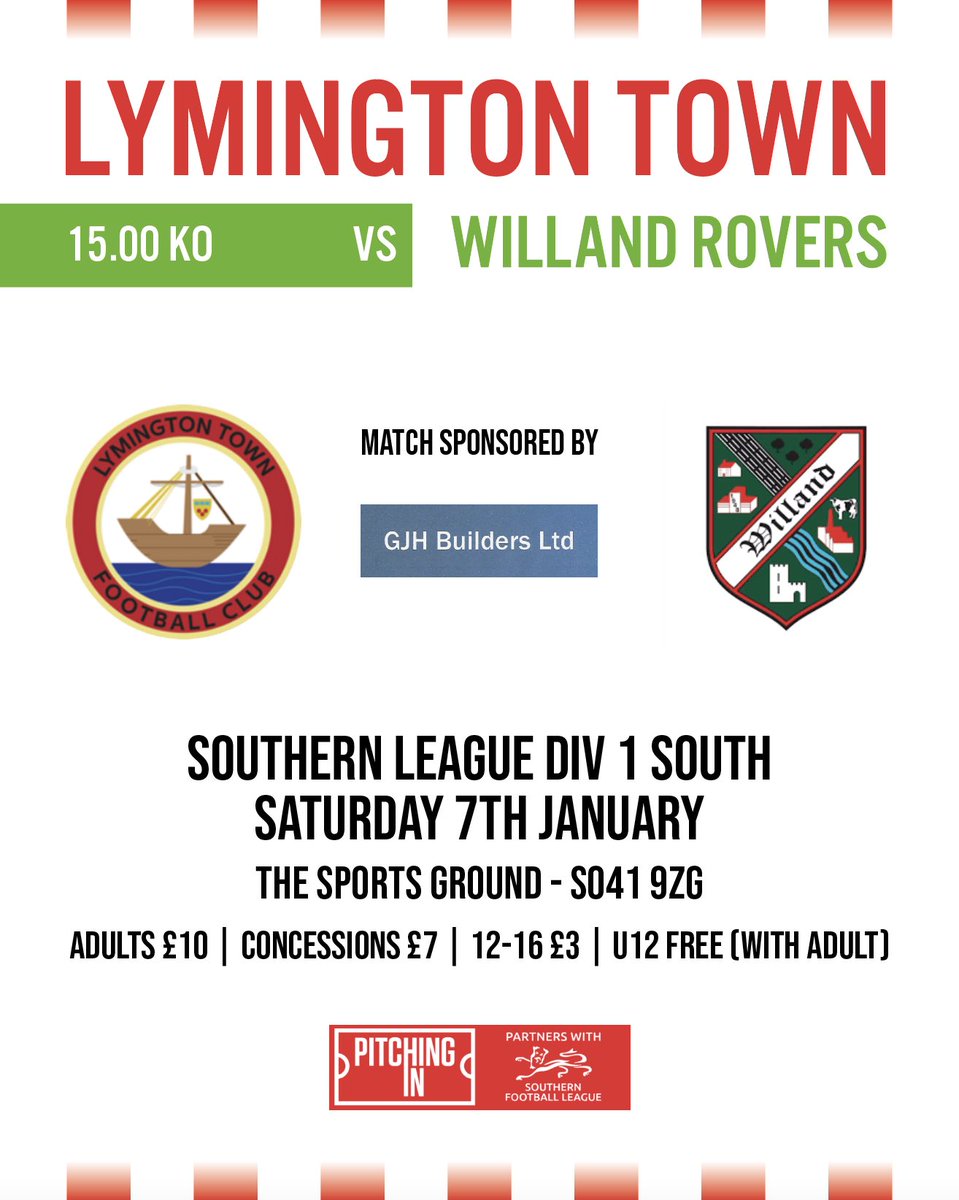 lymingtontownfc's tweet photo. ⚽️ | UP NEXT

Lymo 🆚 @WillandRovers 

📅 Saturday 7th January 2023
🕒 15.00 KO 
🏟️ Sports Ground (SO41 9ZG)
🏆 @SouthernLeague1 Division One South

Match sponsored by GJH BUILDERS LTD https://t.co/P7ByBFOU1T