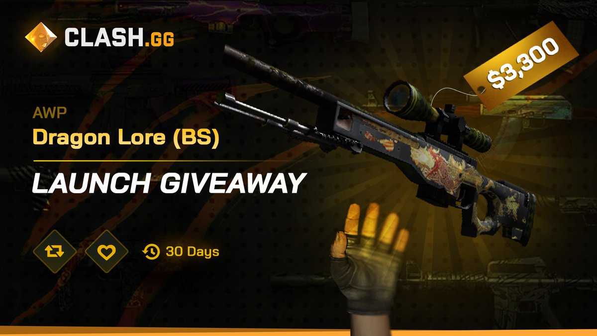 AWP DRAGON LORE LAUNCH GIVEAWAY! ($3300) 

Steps to join:
1. Follow <a href="/clashdotgg/">ClashGG</a> 
2. Retweet
3. Tag a friend

We appreciate the huge support you guys have shown us on the launch and this is a huge "THANK YOU" from us, looking forward to having you on our website.

Ends in 30 days.