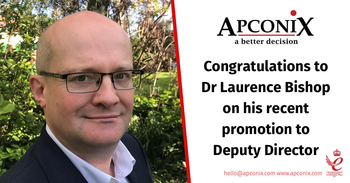 We are delighted to announce the promotion of Dr Laurence Bishop to Deputy Director.  Laurence joined us in May 2020 and has helped us to significantly expand our client base.  As a key part of the ApconiX leadership, we thank him for his contribution.