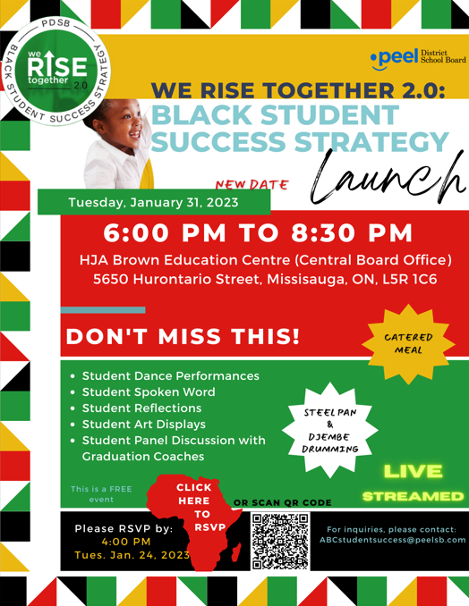 Peel District School Board (@peelschools) on Twitter photo DATE CHANGE:
Join us on January 31, 2023 for a free event in support of the launch for We Rise Together 2.0 with <a href="/WRT_PDSB/">We Rise Together 2.0</a>.
This event is to celebrate Black culture and highlight the Black Student Success Strategy with PDSB.
Read more at werisetogether.ca DATE CHANGE:
Join us on January 31, 2023 for a free event in support of the launch for We Rise Together 2.0 with <a href="/WRT_PDSB/">We Rise Together 2.0</a>.
This event is to celebrate Black culture and highlight the Black Student Success Strategy with PDSB.
Read more at werisetogether.ca