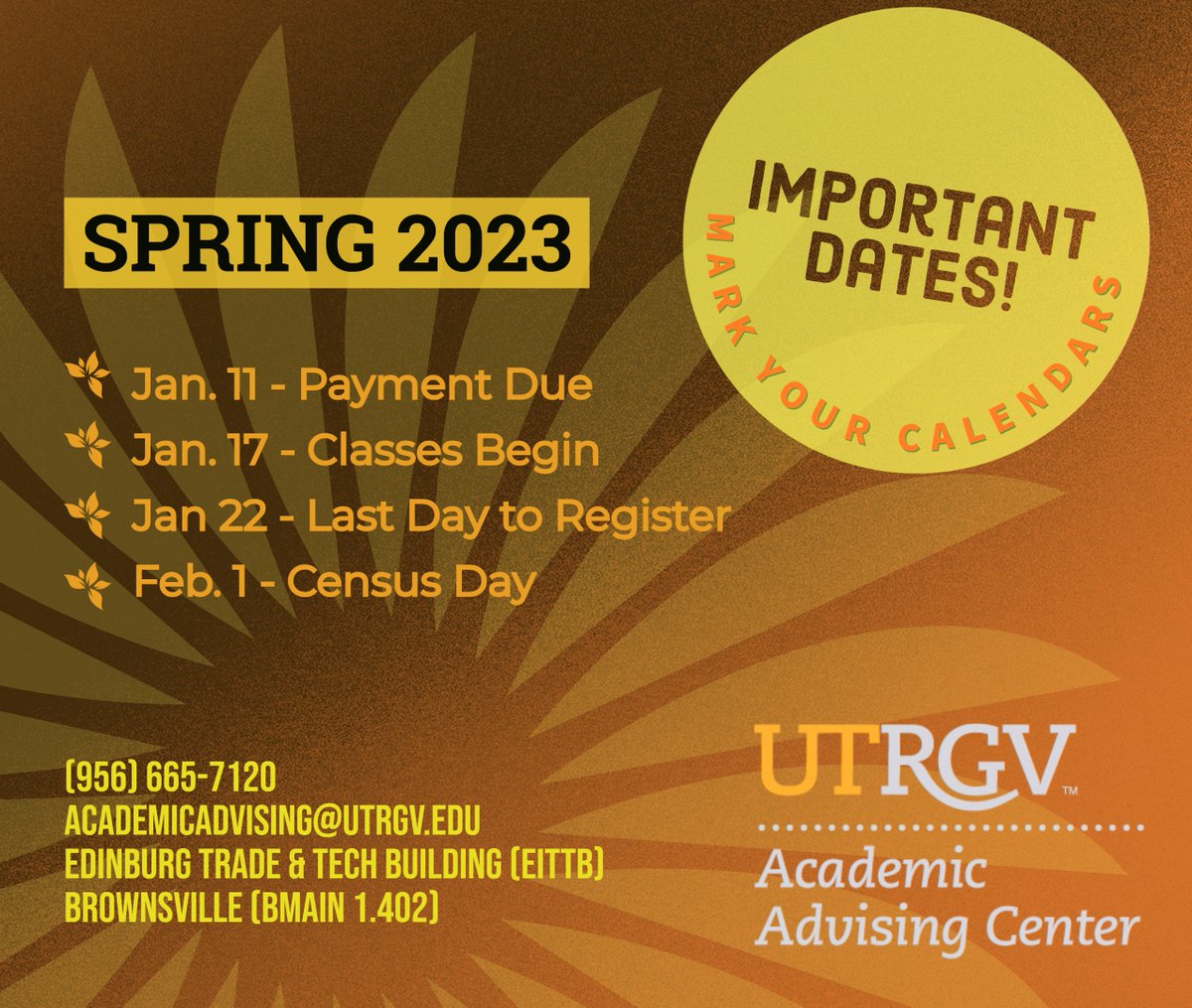 utrgv_aac's tweet photo. Hey Vaquer@s, with the Spring semester just around the corner here are some important dates to keep in mind ✌🤠

Need to set up an appointment? The Academic Advising Center is here to help! Online and In-person for all your academic needs. https://t.co/8xON6bG42H
