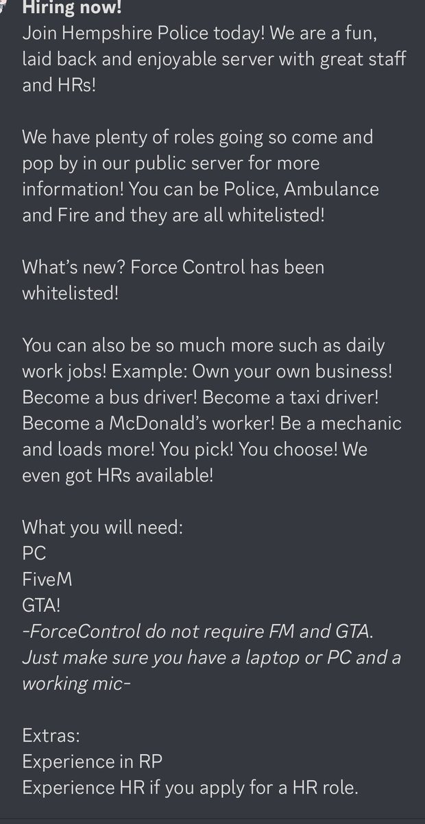HPRP_Community's tweet photo. Do not worry if you have not got no experience!! We will work around that and train you up! Come and enjoy our server! https://t.co/TXtoOJwuNd