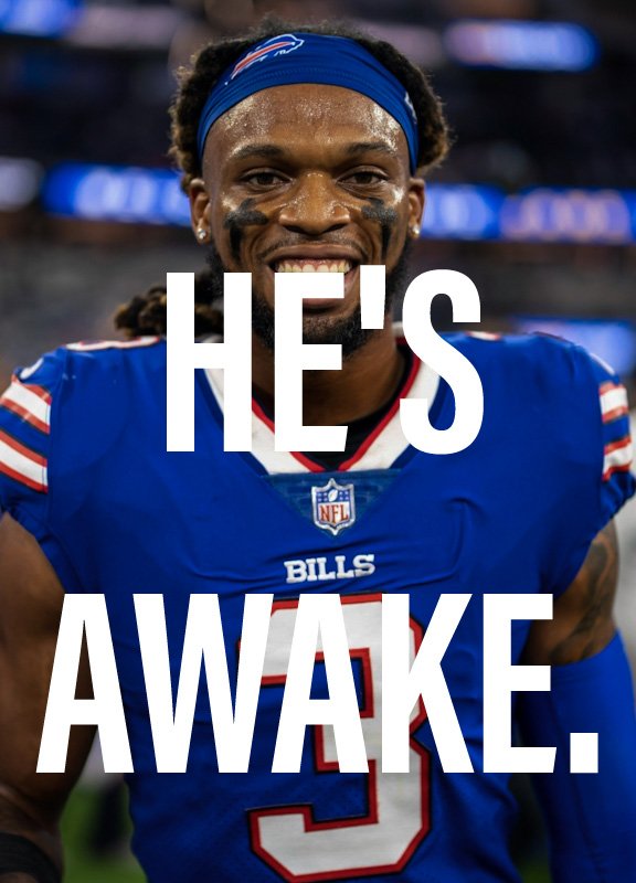 🚨 JUST IN. Damar Hamlin IS AWAKE!!! Praise God. Kepp praying for a full recovery. 🙏🏼 
#DamarHamlinStrong #DamarHamlin #bills #BillsNation #billsmafia    #buffalobills #hamlinstrong #nfl #breakingnews