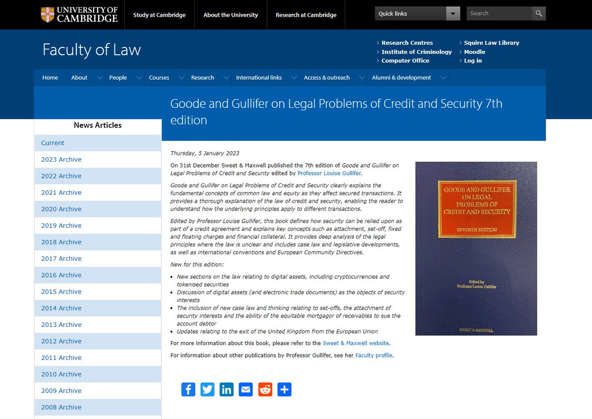 Sweet & Maxwell (@TRLegalEurope) has published the 7th edition of 'Goode and Gullifer on Legal Problems of Credit and Security' edited by Professor Louise Gullifer (@CaiusCollege/@Cambridge3CL): law.cam.ac.uk/press/news/202… #SecuredTransactions #Credit #Securities #Crypto