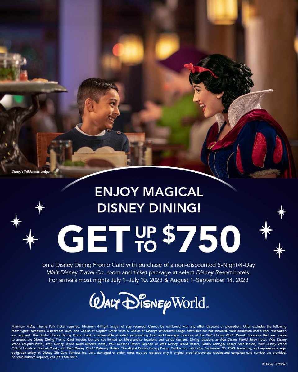 Get up to $750 on a Disney Dining Promo Card with purchase of a non-discounted 5-Night Disney World package at select Disney Resort hotels, summer 2023. Contact us today to learn more.
#DisneyWorld50 #mickeymouse #disneyworld #disneydining #visitorlando #disneydeal #disneypromo