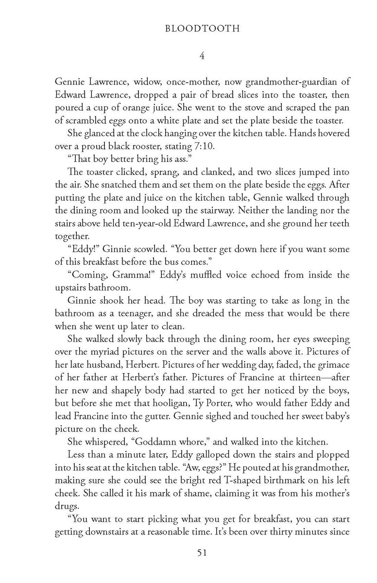 dwhitzauthor's tweet photo. Bloodtooth is less than 2 weeks out, and I was inspired by an author friend to share some excerpts. Here's the first one.
We meet Gennie Lawrence in this scene. A nasty woman herself, she raises one of our story's worst characters. https://t.co/4T9YNfbjQZ