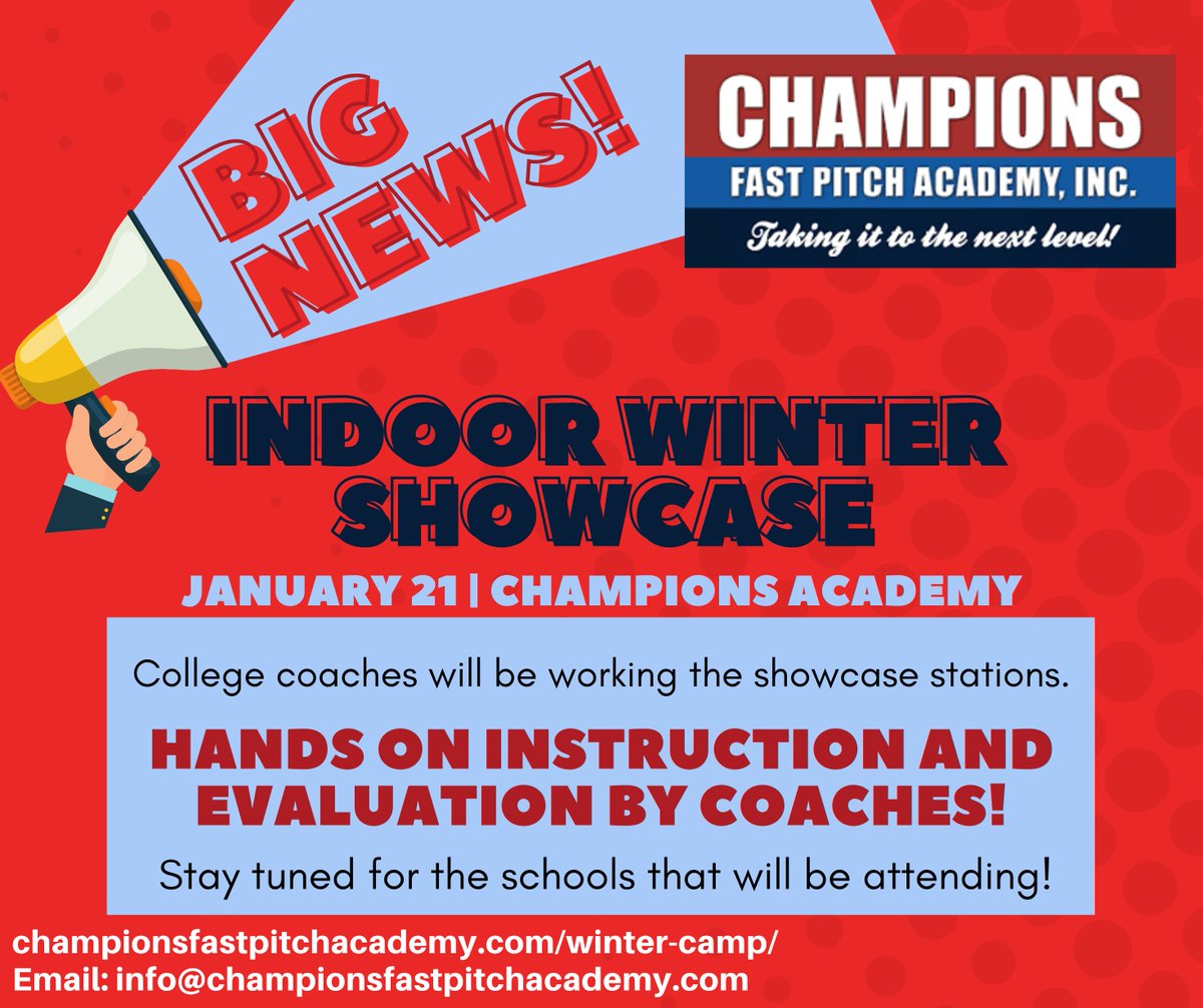 Big news for our Indoor Winter Showcase! There will now be hands on instruction by the college coaches in attendance!
To register: championsfastpitchacademy.com/winter-camp/