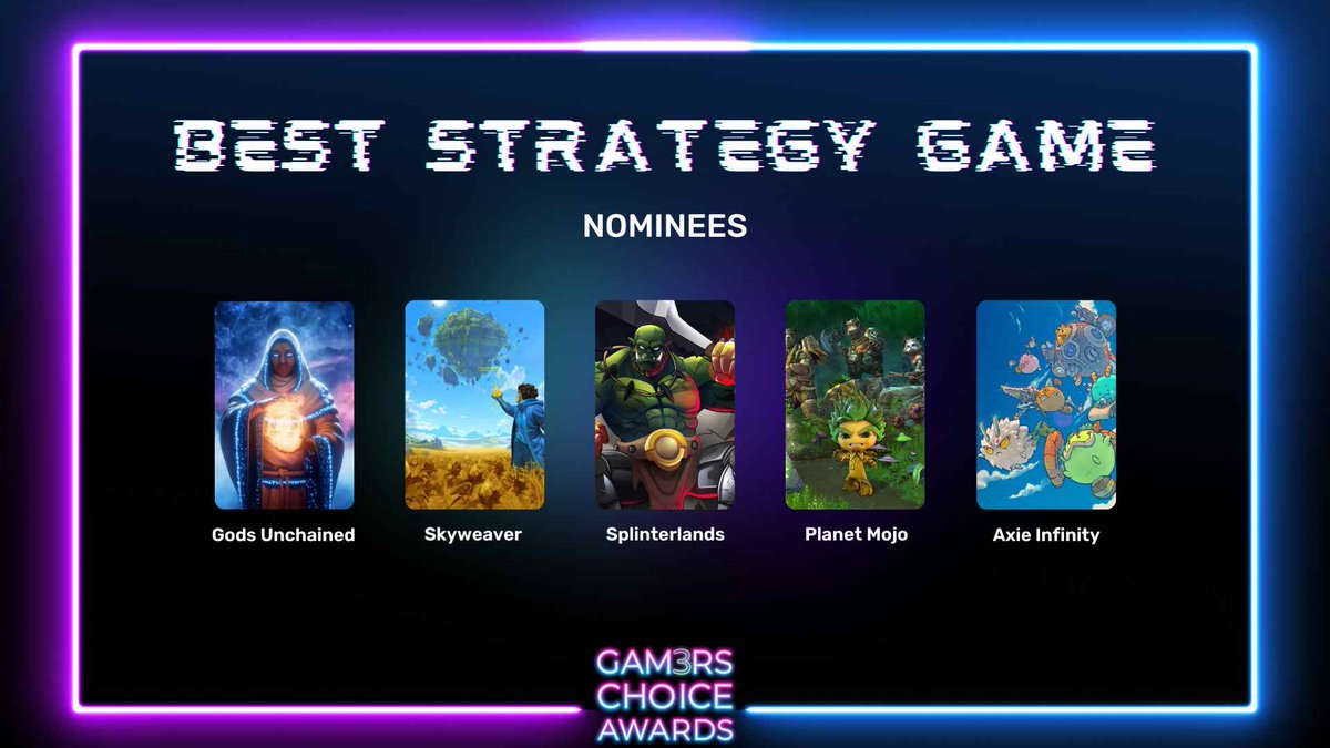 GamingDailyx's tweet photo. BEST STRATEGY GAME

NOMINEES
🔷 @GodsUnchained 
🔷 @SkyweaverGame 
🔷 @splinterlands 
🔷 @WeArePlanetMojo 
🔷 @AxieInfinity https://t.co/UgDoRosuaH