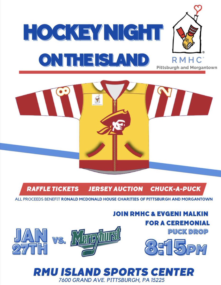 RMUACHAD1hky's tweet photo. Cool jerseys ✅
Divisional rival ✅
Puck drop by Evgeni Malkin ✅
Jeff Jimmerson National Anthem ✅

You won’t want to miss our annual charity game this year. Your Colonials return to the island on January 27 to take on Mercyhurst in the Ronald McDonald House Charity Game! https://t.co/wXJPWDSCsm