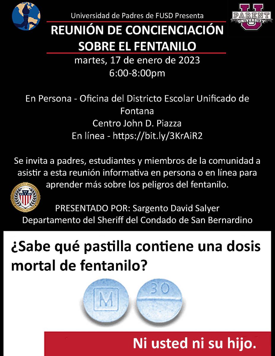 Please join us at the 1st FUSD Parent University of 2023. Sergeant David Salyer will lead a discussion about the dangers of Fentanyl.  This meeting will be offered in-person at the John D. Piazza Center (District Office - 9680 Citrus Avenue) &amp;  online at 
bit.ly/3KrAiR2