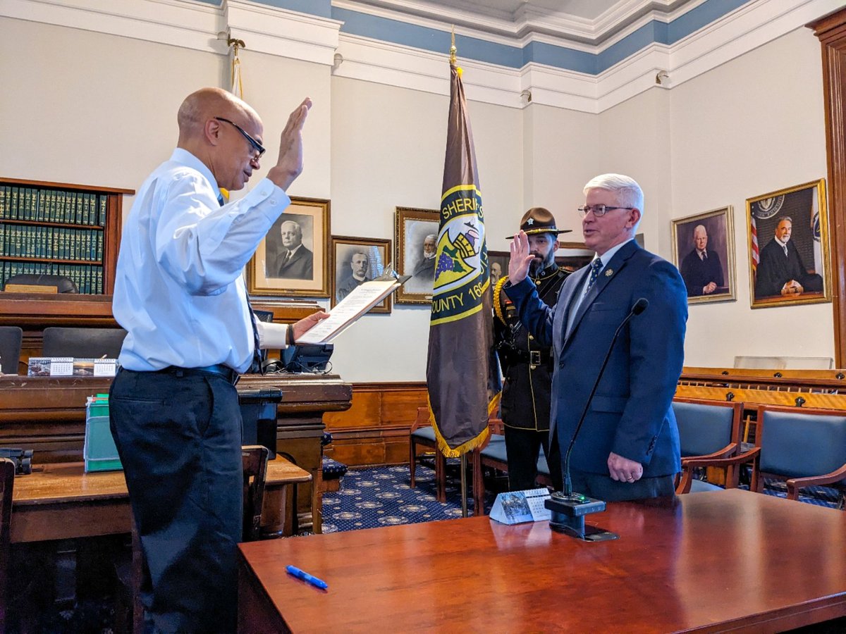 DukesOffice's tweet photo. Congratulations to Sheriff Ogden and Special Sheriff Neville, as they swear in for their second term! We are grateful for your continued leadership. Congrats to Lt. Col. Graczykowski, Major Arpin, Lt. Lobo, Lt. Vieira, Captain Gould, and Deputy Filler, swearing in as Deputies. https://t.co/H21LAB0ISR