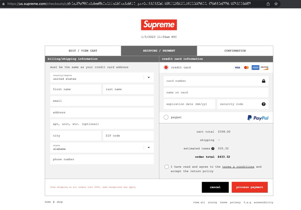 Supreme is using one-step checkout on Shopify! 🔥

I've never seen this before on any Shopify store. Looks like Shopify is ready to shutdown all the naysayers that their checkout isn't flexible. 

Now we just need to get <a href="/TryShipID/">ShipID📍 - Address Validation</a> added 😄