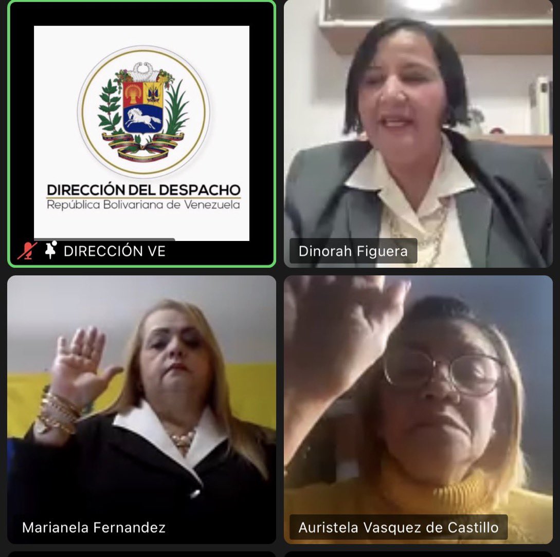 RCR750's tweet photo. Vean el momento de la juramentación de la junta directiva de la AN, que tuvo lugar en la sesión realizada vía zoom. Todas están en el exilio. https://t.co/oqnLidvKK9