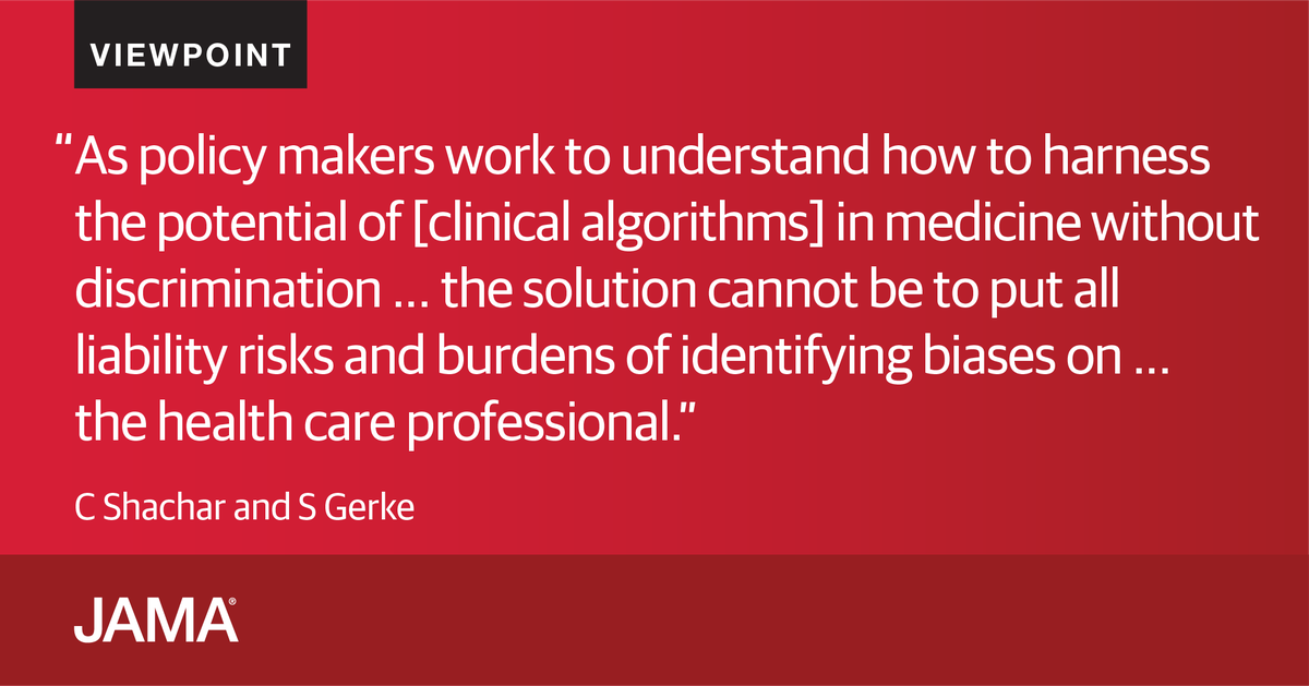 JAMA_current's tweet photo. #Viewpoint: a proposed @HHSGov rule to address discrimination in clinical algorithms and the need for additional considerations to ensure the burden of liability for biased algorithms is not disproportionately placed on health care professionals. https://t.co/8DqqD0MKLo https://t.co/Ckypj6gdi3