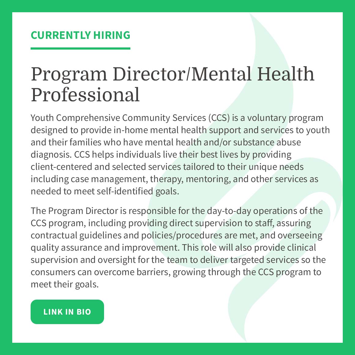 Apply: bit.ly/3vEJ0Vh #youth #comprehensivecommunityservices #programdirector #mentalhealthprofessional #nonprofit #nonprofitjobs #mentalhealth #casemanagement #therapy #mentoring #substanceusedisorder #community #communitysupport #clinicalassessment #clinicalsupervision
