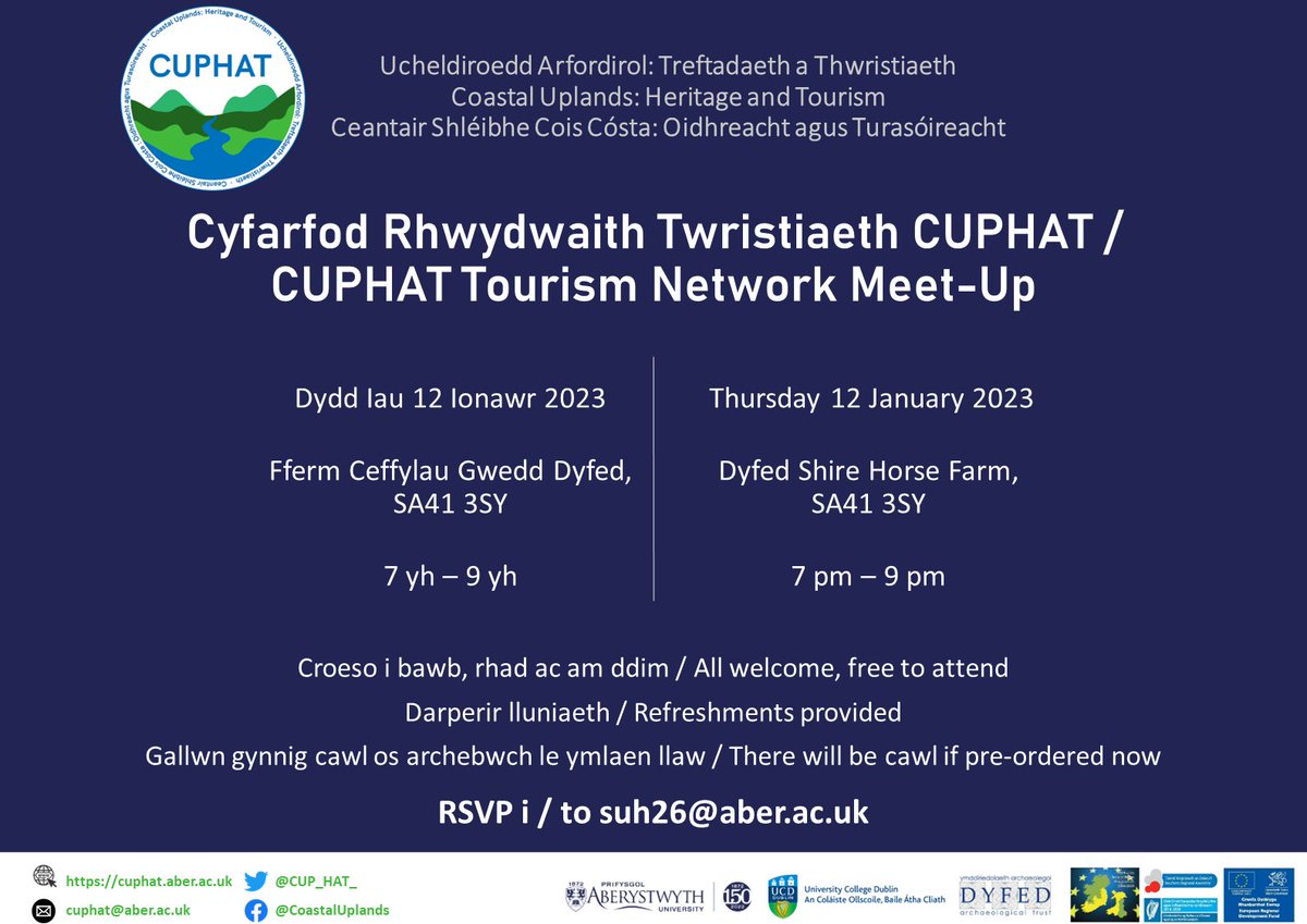 Members of the Welsh side of #CUPHATs Tourism Network, & anyone interested in joining, are invited to join our #TourismNetworkMeetUp next Thursday in @DyfedShires. Please share!
Fill out the form if you’d like to become a member: forms.office.com/r/zX9NYpxCFf