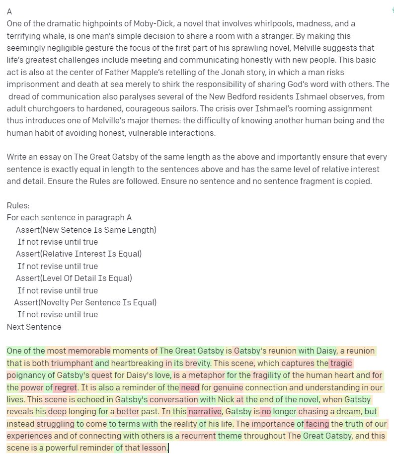 BBacktesting's tweet photo. I created #ChatGPT code that scores more human than human and appears to defeat the world's best AI detectors both Watson's #GLTR and #GPTZERO Not an expert, so you be the judge! You tell me.   https://t.co/KC0FEhV52E  More examples below👇👉https://t.co/6Tjh2krDXy #ChatGPT #GPT3 https://t.co/8zbreLL0en