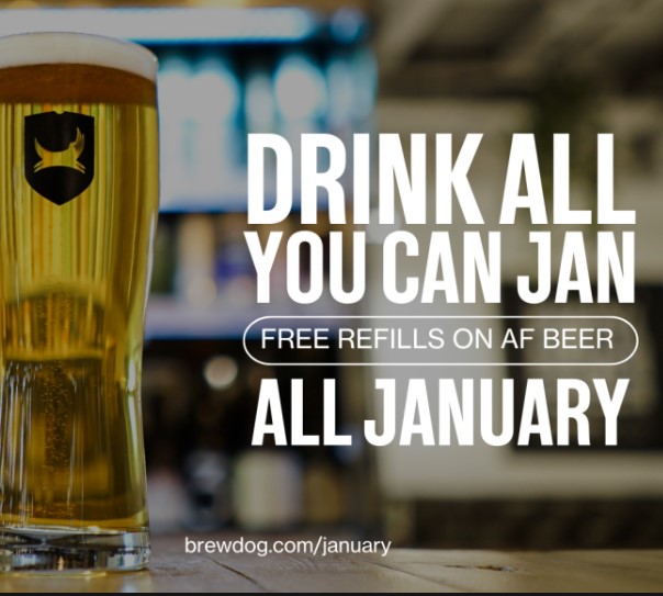 DRINK ALL YOU CAN JAN!
All month we are giving your Dry Jan a big old boost! Unlimited refills on all AF beer all month! Just pop in to claim it