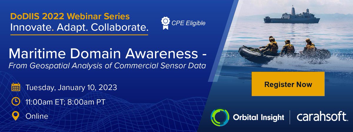 Orbital Insight (@orbital_insight) on Twitter photo We’re excited to collaborate with <a href="/Carahsoft/">Carahsoft</a> on our upcoming webinar and invite you to join us & <a href="/colinrjohnson/">Colin Johnson</a>. You’ll discover how to improve #maritimedomainawareness (#MDA) with #GeospatialIntelligence. Find more details and register here: carahevents.carahsoft.com/Event/Register…
#dodiis22 We’re excited to collaborate with <a href="/Carahsoft/">Carahsoft</a> on our upcoming webinar and invite you to join us & <a href="/colinrjohnson/">Colin Johnson</a>. You’ll discover how to improve #maritimedomainawareness (#MDA) with #GeospatialIntelligence. Find more details and register here: carahevents.carahsoft.com/Event/Register…
#dodiis22