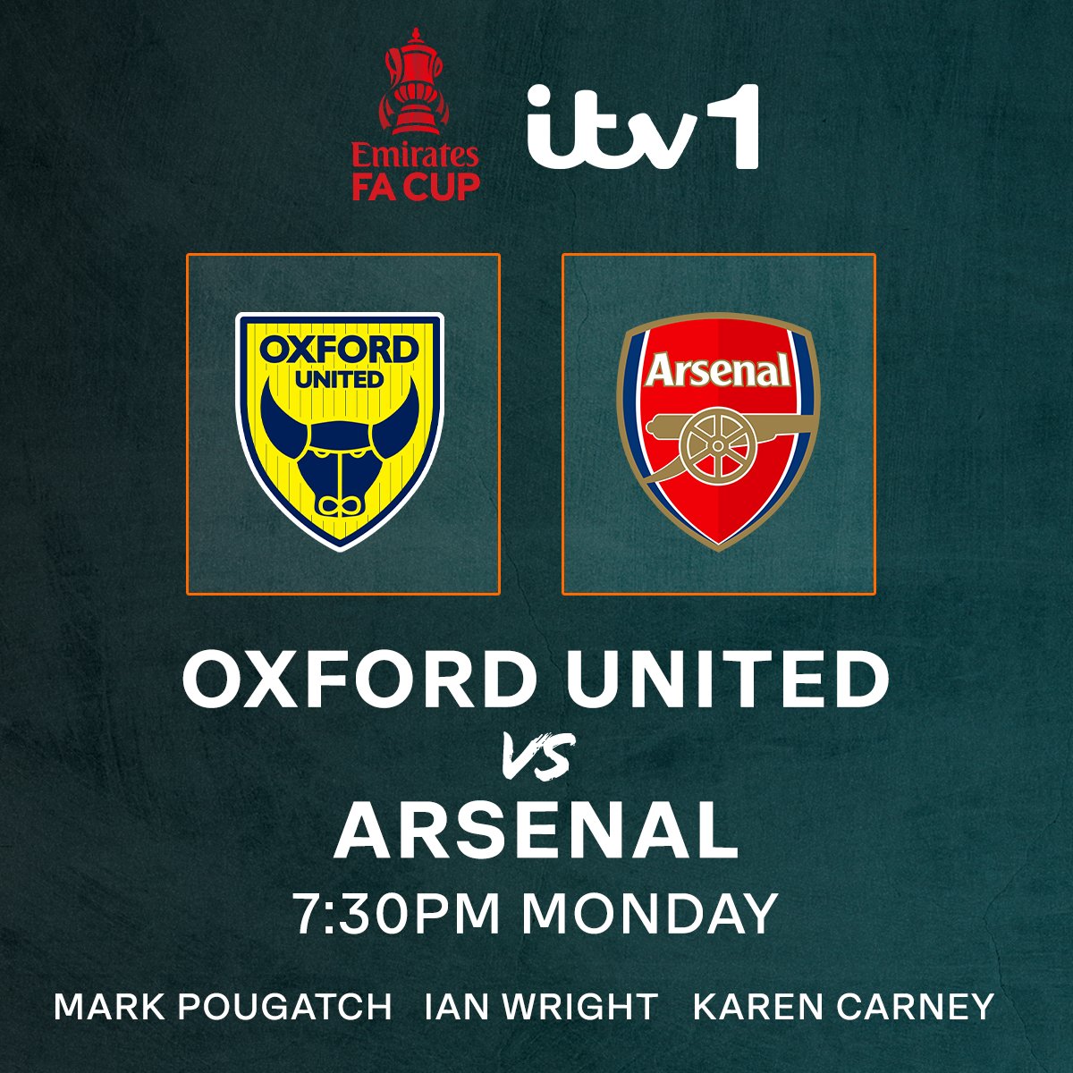 itvfootball's tweet photo. We've got 4️⃣ @EmiratesFACup ties for you across @ITV this weekend 🙌

Make sure you tune in to the first tomorrow evening at Old Trafford 📺 https://t.co/hwTFbXom5A