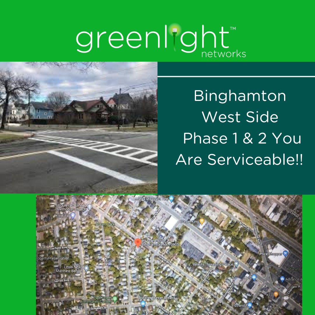 GreenlightFiber's tweet photo. 🚨 ATTENTION 🚨
Binghamton West Side phases 1 and 2 are SERVICEABLE!
GIG out and place your order today https://t.co/WOXJiDsYyy.
#binghamton #fiberinternet #speedofgreen #gigout #greenlight https://t.co/q90AqaDuhF