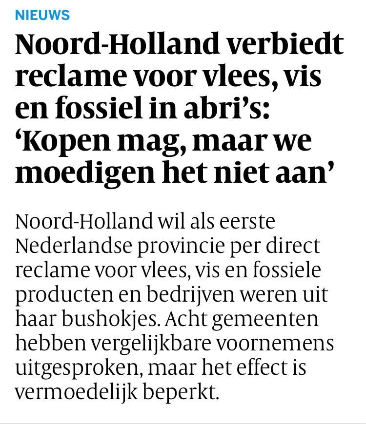 Reclames voor vlees, vis en producten met een fossiele brandstof worden in de bushokjes van de provincie NH geweerd! 

Voor de kerstvakantie heeft een meerderheid van de PS ingestemd met onze motie om reclames op deze producten in Noord-Holland te verbieden. 

(1/2)