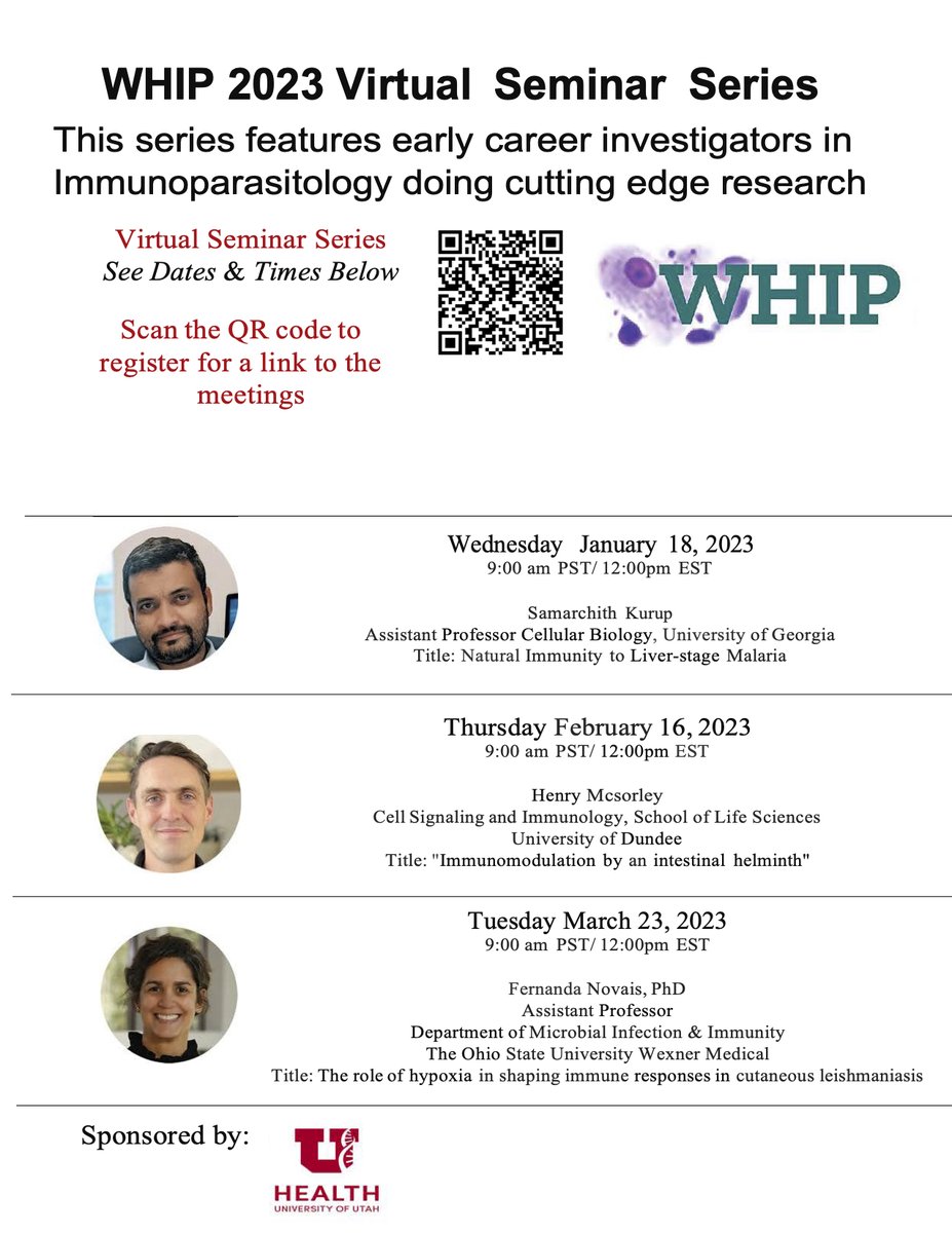 Excited to announce the 2023 Virtual WHIP Seminar Series featuring early career Immunoparasitology investigators! Begins January 18 register now for the Zoom link! docs.google.com/forms/d/1kBHkc…