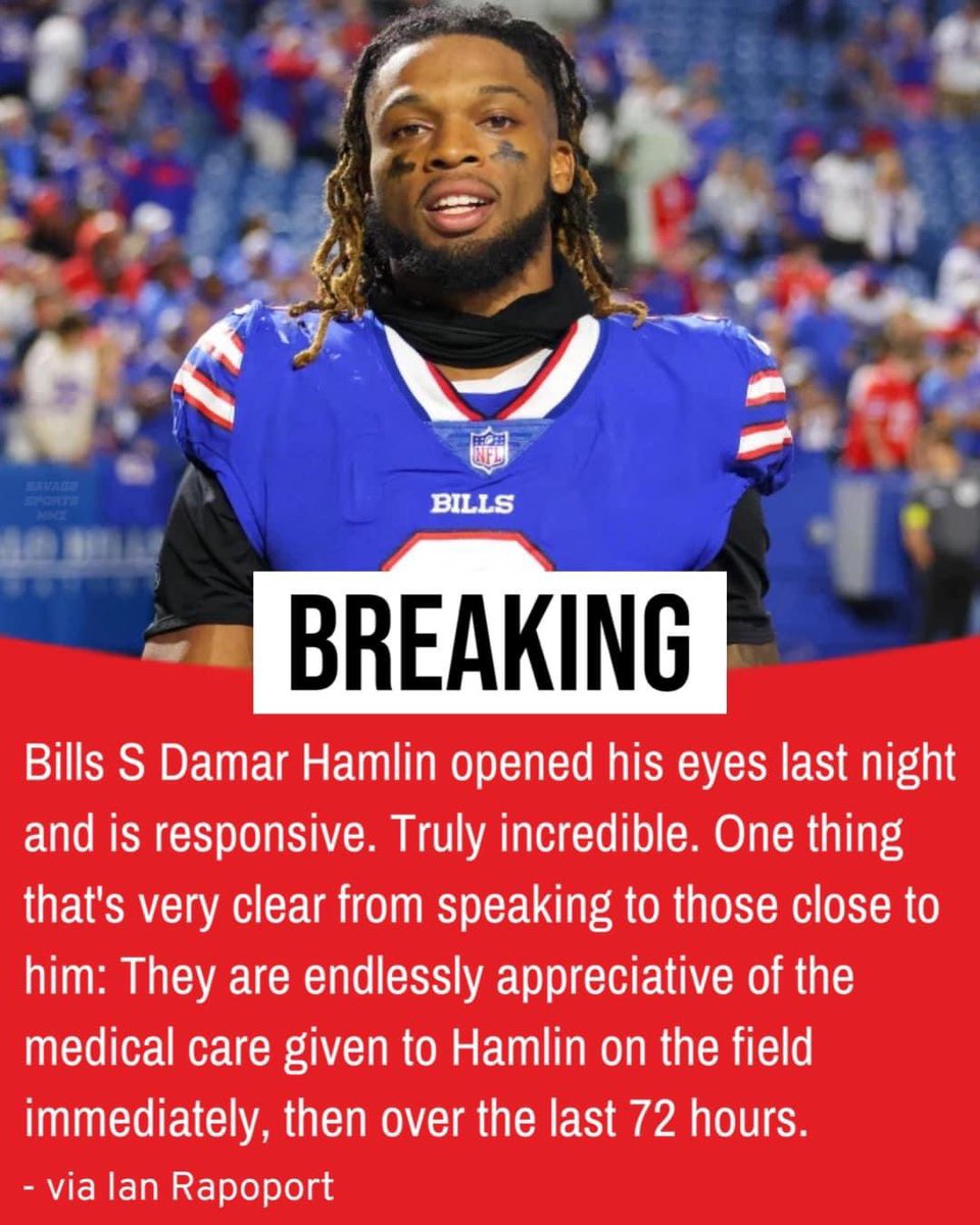 HBCUSports1's tweet image. Bills safety Damar Hamlin opened his eyes last night and is responsive 
* continued prayers for Damar and his family 🙏