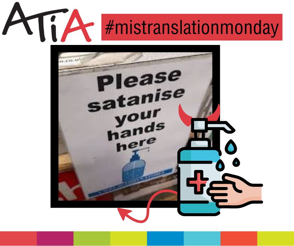 ATIAinfo's tweet photo. The first line of defense against the spread of diseases like: colds, influenza, covid-19, and foodborne illnesses is good hand satanization?! 🧐😈
Stay healthy and always practice good hand hygiene! Happy #mistranslationmonday everyone! https://t.co/qbbSoSVxoI