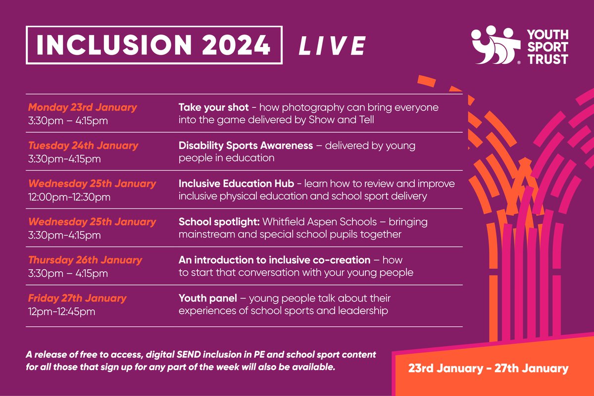 It's back - #Inclusion2024 Week Live! 
23-27 January - a full week of virtual content on engaging young disabled people in PE, school sport and physical activity. We're joining <a href="/YouthSportTrust/">Youth Sport Trust</a> on Wed 25 January to talk about the Inclusive Education Hub. youthsporttrust.force.com/YST_EventRedir…