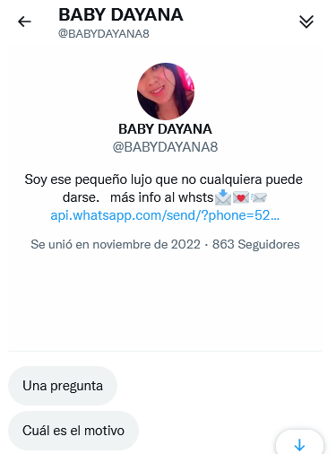 AngelDemoledor2's tweet photo. @ScortsReportes Aqui con una nueva, esta @BABYDAYANA8 pseudo scort, le pedí informes, me dijo que no me daría servicio, me bloqueo y manda mensajes de que soy un inmaduro, y se que es una estafa, porque he denunciado a cuentas con pruebas, y supongo vio mi cuenta y la reconoció. https://t.co/ghgTLVd1yv