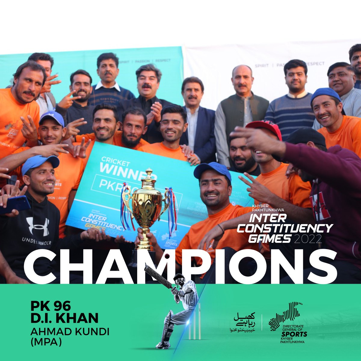 YLFPak's tweet photo. KP InterConstituency Games results 

Cricket 
Champions PK-96 (D.I.Khan) 
MPA | @ahmadkundi 

#KhelRahaHaiKP 
#PlayForKP 
#TeamYLF https://t.co/cTvXTyClUR
