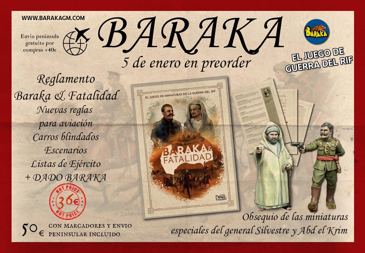 GamesBaraka's tweet photo. ¡¡¡Más cositas!!! Reserva en nuestra web tu copia del reglamento completo Baraka & Fatalidad y llévate las miniaturas especiales de Abd el Krim y el general Silvestre. #barakayfatalidad #WarGames #colonialwars #guerradelrif
https://t.co/p6g58HGeCS https://t.co/BL1nTQRPyX