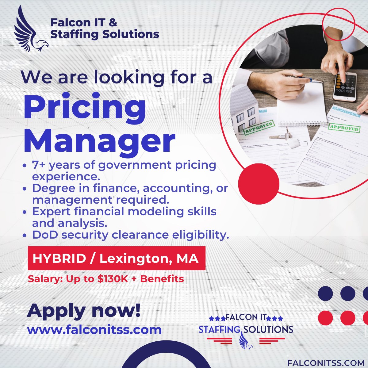 FalconITSS's tweet image. Looking a Pricing Manager to lead the preparation of cost/price proposals in accordance with Government Requests.

📌  APPLY: bit.ly/3GFYxdU

📧  mcohen@falconitss.com 
📍 HYBRID / Lexington, MA

@FalconITSS 
#governmentjobs #financejobs #pricingmanager