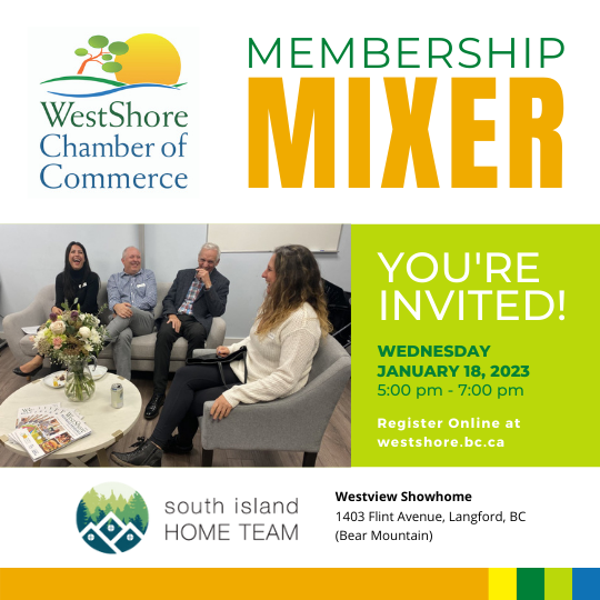 wschamber1's tweet image. Reminder to grab your tickets for our first Membership Mixer of 2023 on Jan 18th and get to know our host, @SouthIslandTeam!

Save your spot today! web.westshore.bc.ca/events/Members…

#mixer #networking #memberevent #yyjevent #westshorebc #langfordbc #victoriabc #mixercommunity