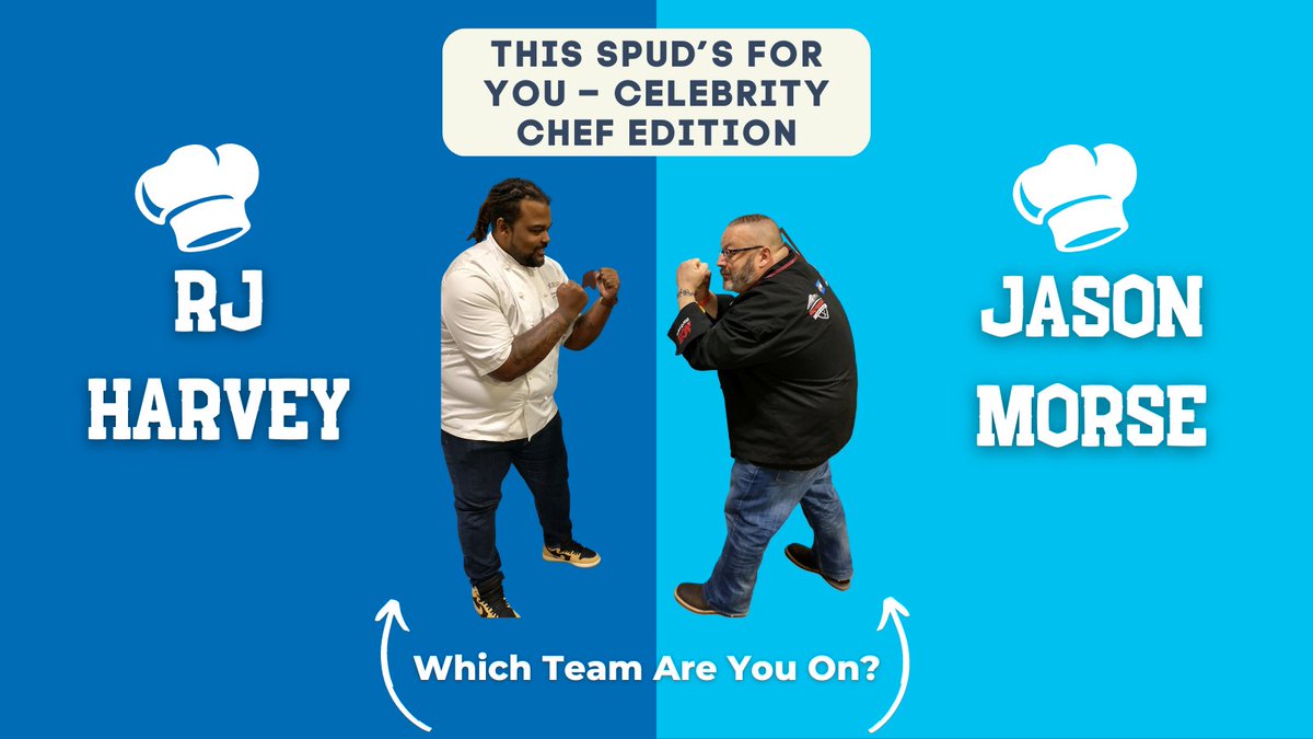 SpudmanMag's tweet photo. This Spud's for YOU. Right now, Jan. 5, from 12-1:30 pm MST is the Celebrity Chef Edition at the @POTATOEXPO! Host Ted Allen will be judging chefs:
Duff Goldman & Jason Morse
vs.
Simon Majumdar & RJ Harvey
Which team do you want to win?👨🍳
#potatoes #celebritychef #chefoff https://t.co/z2S2c2skqO