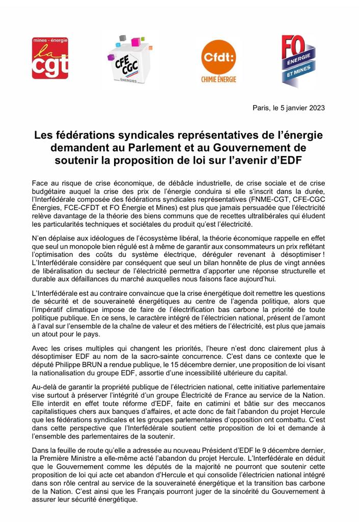 Notre proposition de loi pour sauver EDF reçoit le soutien unanime des quatre fédérations syndicales de l'énergie ! 
Rendez-vous le 9 février pour sa discussion dans l'hémicycle 
Le texte de la proposition de loi :
assemblee-nationale.fr/dyn/16/textes/…