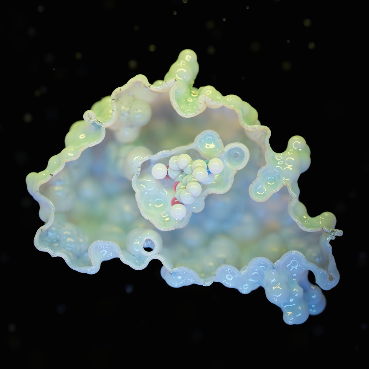 luminous_lab's tweet image. Enzymes from the poppy family have a special place in my heart so I rendered an artistic version of thebaine bound to thebaine synthase from Papaver somniferum (pdb 6KA2).

#sciart #Blender3d #biocatalysis #alkaloid #chemistry