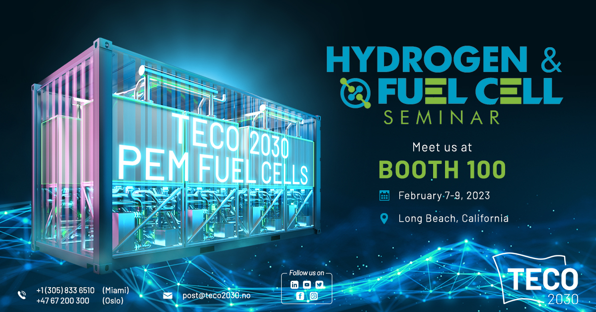 TECO_2030's tweet photo. TECO 2030 will be at the Hydrogen &amp; Fuel Cell Seminar in Long Beach, California on February 7-9, 2023!

Stop by booth #100 for a heavy duty marine fuel cell discussion.

Contact post@teco2030.no to set up a meeting with one of our experts.

#fuelcells #fuelcellseminar #hydrogen https://t.co/7GBwQISkJC