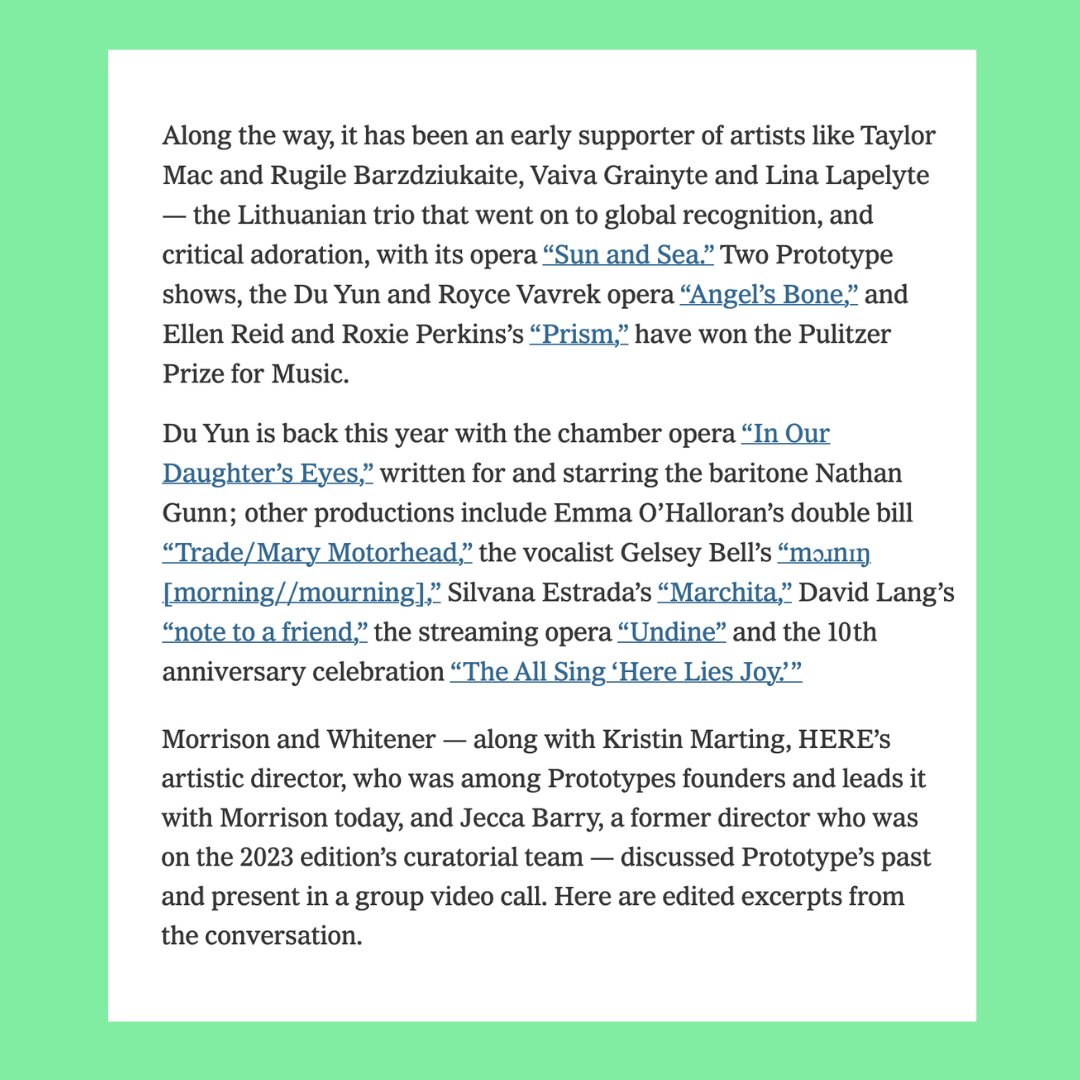 Check out our feature in <a href="/nytimes/">The New York Times</a> ✨ Swipe through to read the interview with the leading women behind Prototype!

Click the link in our bio for more info on the pieces! #newyorkcity #nyc #offbroadway #offoffbroadway #theatre #liveperformance #opera #singing #dance #meetopera