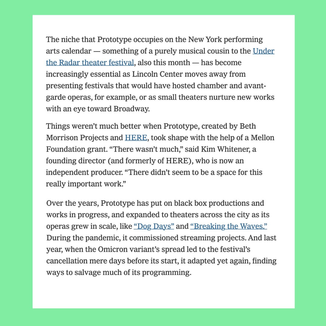 PROTOTYPEfest's tweet photo. Check out our feature in @nytimes ✨ Swipe through to read the interview with the leading women behind Prototype!

Click the link in our bio for more info on the pieces! #newyorkcity #nyc #offbroadway #offoffbroadway #theatre #liveperformance #opera #singing #dance #meetopera https://t.co/UbV2t6p5Bo