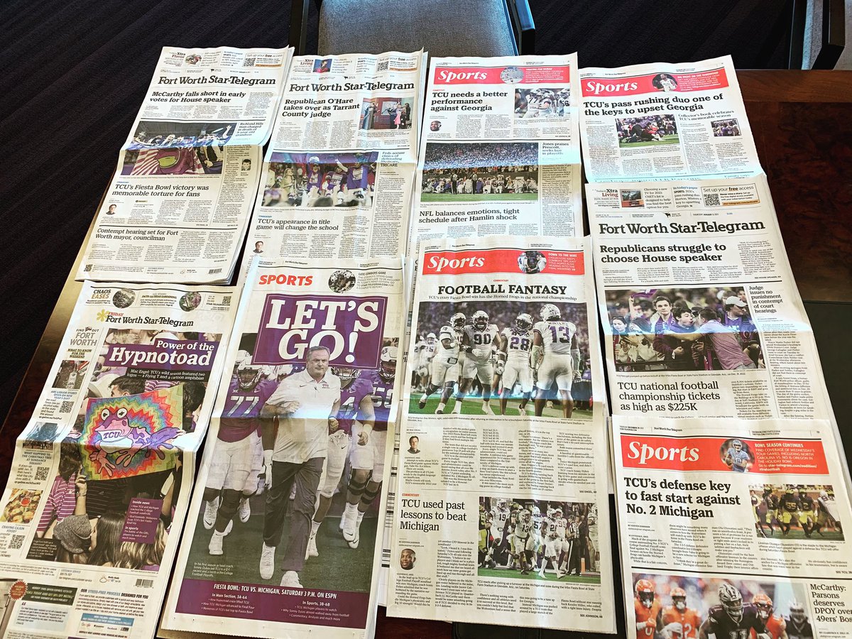 Big thanks to <a href="/startelegram/">Fort Worth Star-Telegram</a> for their incredible coverage of <a href="/TCUFootball/">TCU Football</a> and <a href="/TCU/">TCU</a>…great stuff….we appreciate the local love and support! 🙏🏼🐸💜 #gofrogs #tcu #tcufootball #fortworth