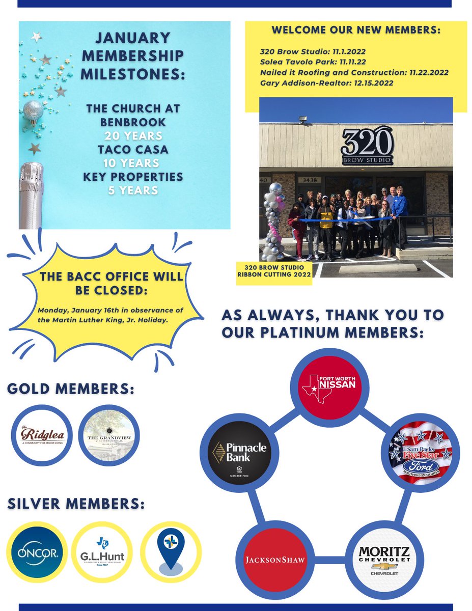 GoBenbrookBACC's tweet photo. Hello, TWITTER!
Please check out the Chamber Connection attached below, our NEW weekly newsletter with current BACC events.
Also, CONGRATS to our #baccmilestonemembers and
#baccnewmembers
Be sure to follow us for all the latest happenings! https://t.co/NK5FihrA2o
