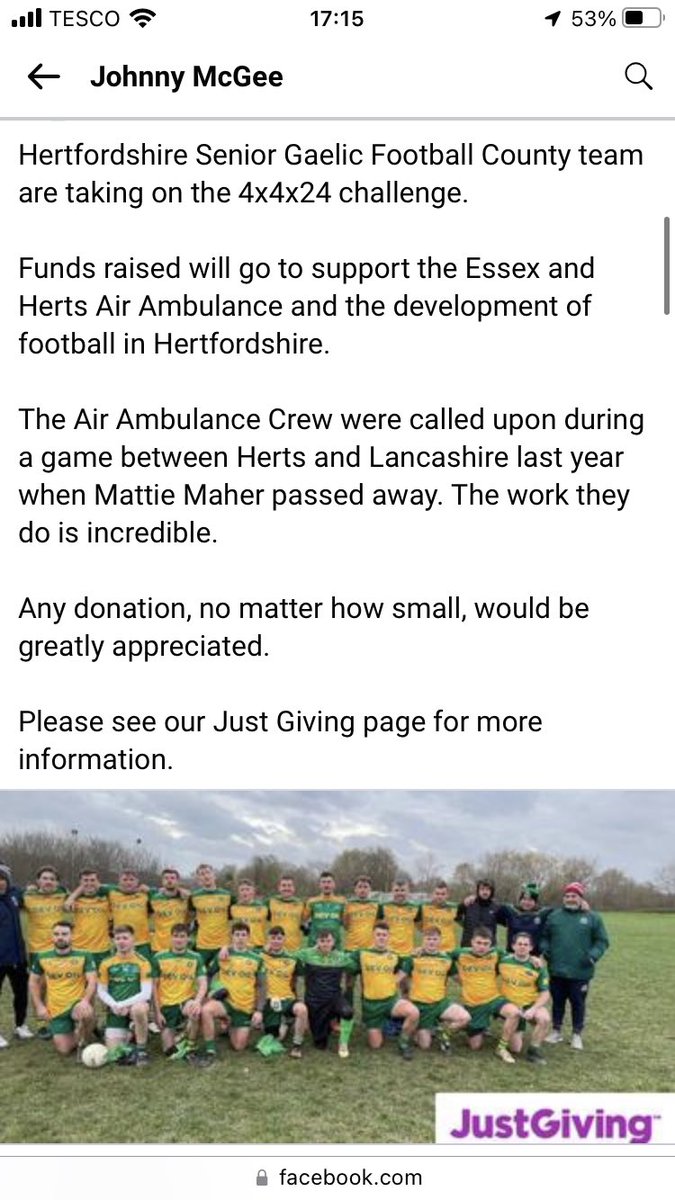 Herts Senior Men’s Gaelic Football Team are doing the 4x4x24 challenge on Saturday Jan 7th to raise funds for the Essex and Herts Air Ambulance and Gaelic football in Hertfordshire. Any support would be greatly appreciated <a href="/hertsgaa/">Hertfordshire GAA</a> 

justgiving.com/crowdfunding/h…