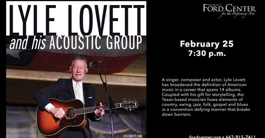 Lyle Lovett and his Acoustic Group will be performing at the Ford Center February 25 at 7:30PM. Tickets are on sale now at the UM Box Office by calling 662-915-7411, stopping by M-F from 10AM-4PM, or going online to olemissboxoffice.universitytickets.com.