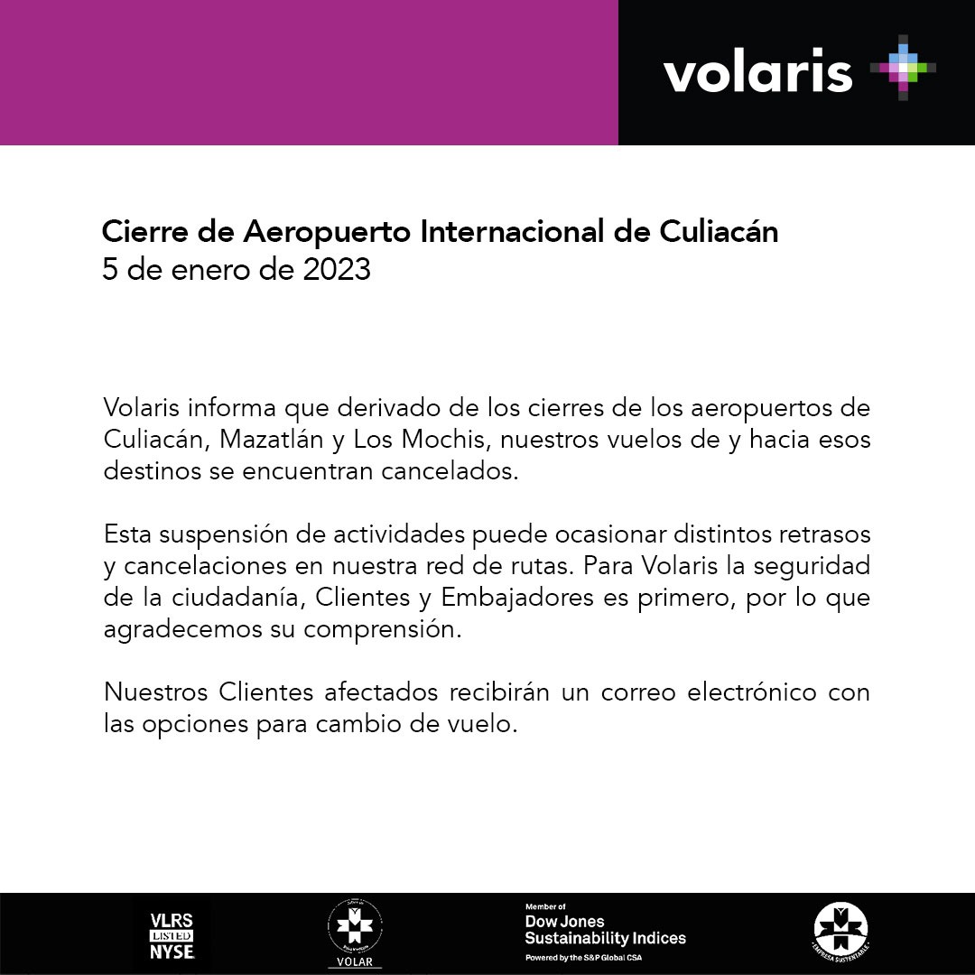 viajaVolaris's tweet photo. Información importante sobre viajes desde/hacia los aeropuertos de Sinaloa, así como de toda nuestra red de vuelos. ⚠️⚠️
Para Volaris tu seguridad es nuestra prioridad.

#AeropuertoCuliacán #AvisoImportante #Culiacán https://t.co/W3WGZE9ebe