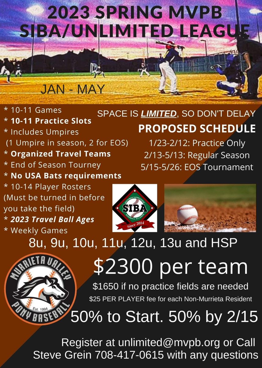 Spring SIBA Registration is OPEN!  Reach out to your league and register (Some league details may vary.  The example posted is MVPB's).

8u-9u-10u-11u-12u-13u-HSP but space is limited!

Established teams (Not individual players)

MVPB - Steve Grein at unlimted@mvpb.org
